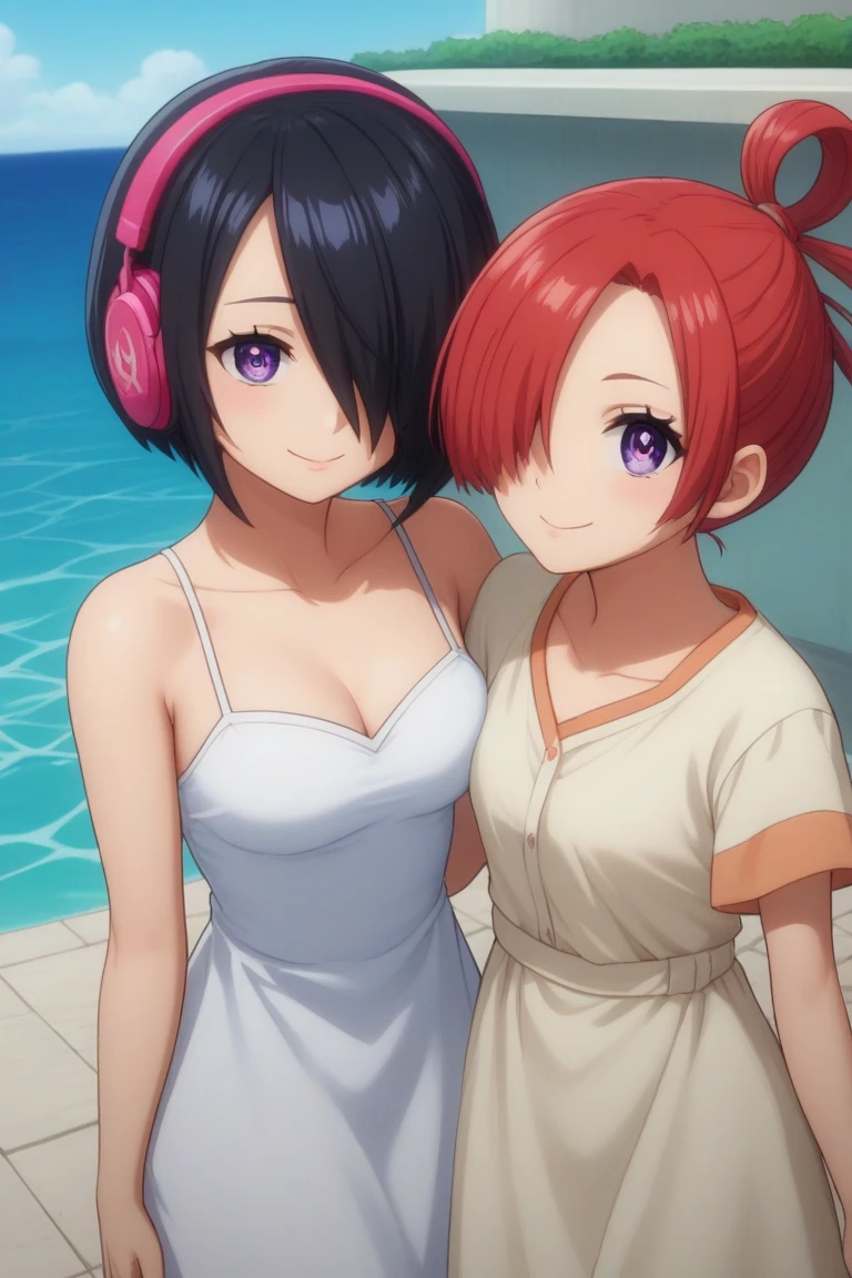 score_9, score_8_above, score_7_above, fountain_cheered up, classification_safe, , cheered up screencap, cheered up coloring, official Style, , , Uta, Girl, Uta, by the wide, (purple eyes:1.1), by white, Red hair, multicoloRed hair, (hair over one eye:1.5), two tone hair, hair divided into colors, hair rings, side locks, smile, smile,
rest dress, Love, jewelry, White dress, headphones,
rest outdoors, ocean, UtabHugging with his girlfriend, another girl, black hair, short hair,Both girls holding hands, (cowboy shot:1.5),
BREAK (masterpiece:1.2), Best Quality, High resolution, unity wallpaper 8k, (illustration:0.8), (beautiful detailed eyes:1.6), extremely detailed face, perfect lighting, Extremely detailed CG, (perfect hands, perfect anatomy),
