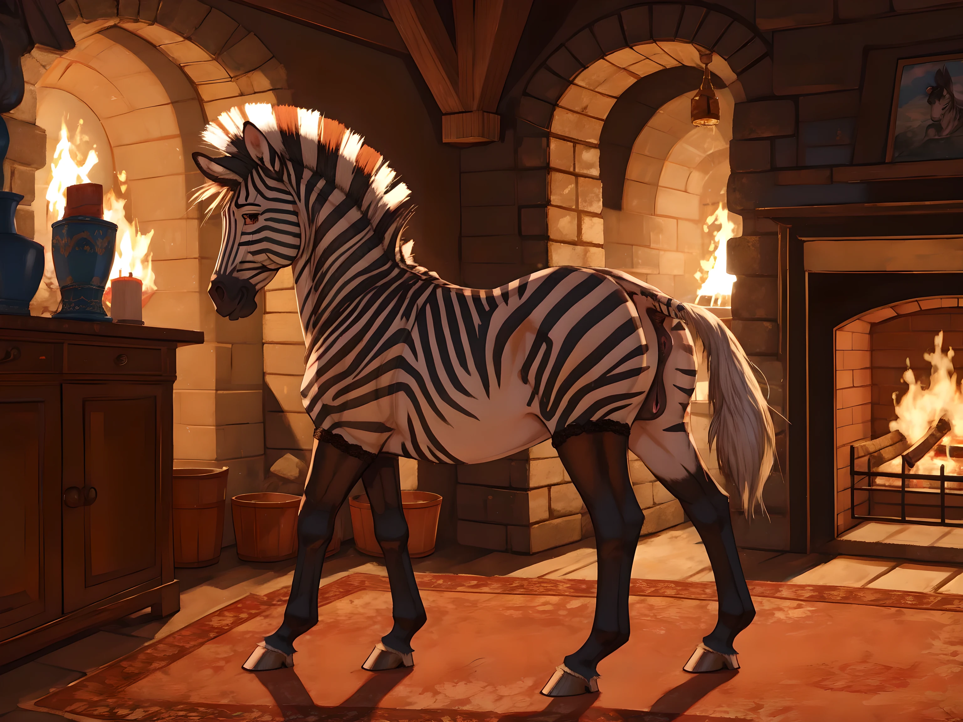 Feral zebra, horse pussy, stockings, skirt,  in the cave, fireplace