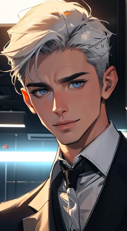 (best quality,4k,8k,highres,masterpiece:1.2),ultra-detailed,(realistic,photorealistic,photo-realistic:1.37),1 man,31 years old,mature man,very handsome,without expression,smile,short grey white hair,blue eyes,penetrating gaze,perfect face without errors,imposing posture,businessman,office background,cinematic lighting,hdr image
