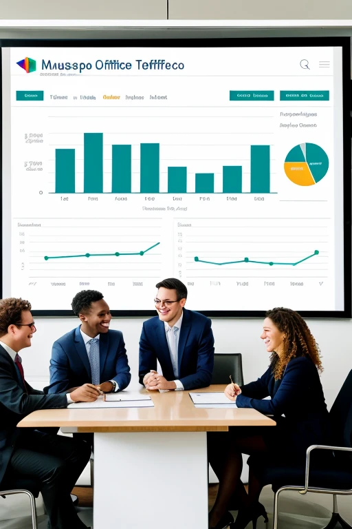 ((best quality)), ((masterpiece)), (detailed), A diverse group of professionals in a modern office setting, engaged in a collaborative discussion, smiling, and looking at charts and graphs.
