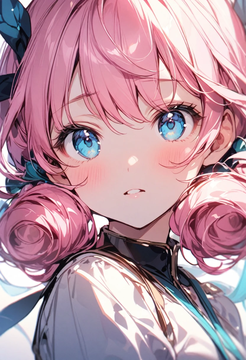 Squint your eyes、Look at me sideways、Upper Body、Girl with pink hair、blue eyes、Twin Drill