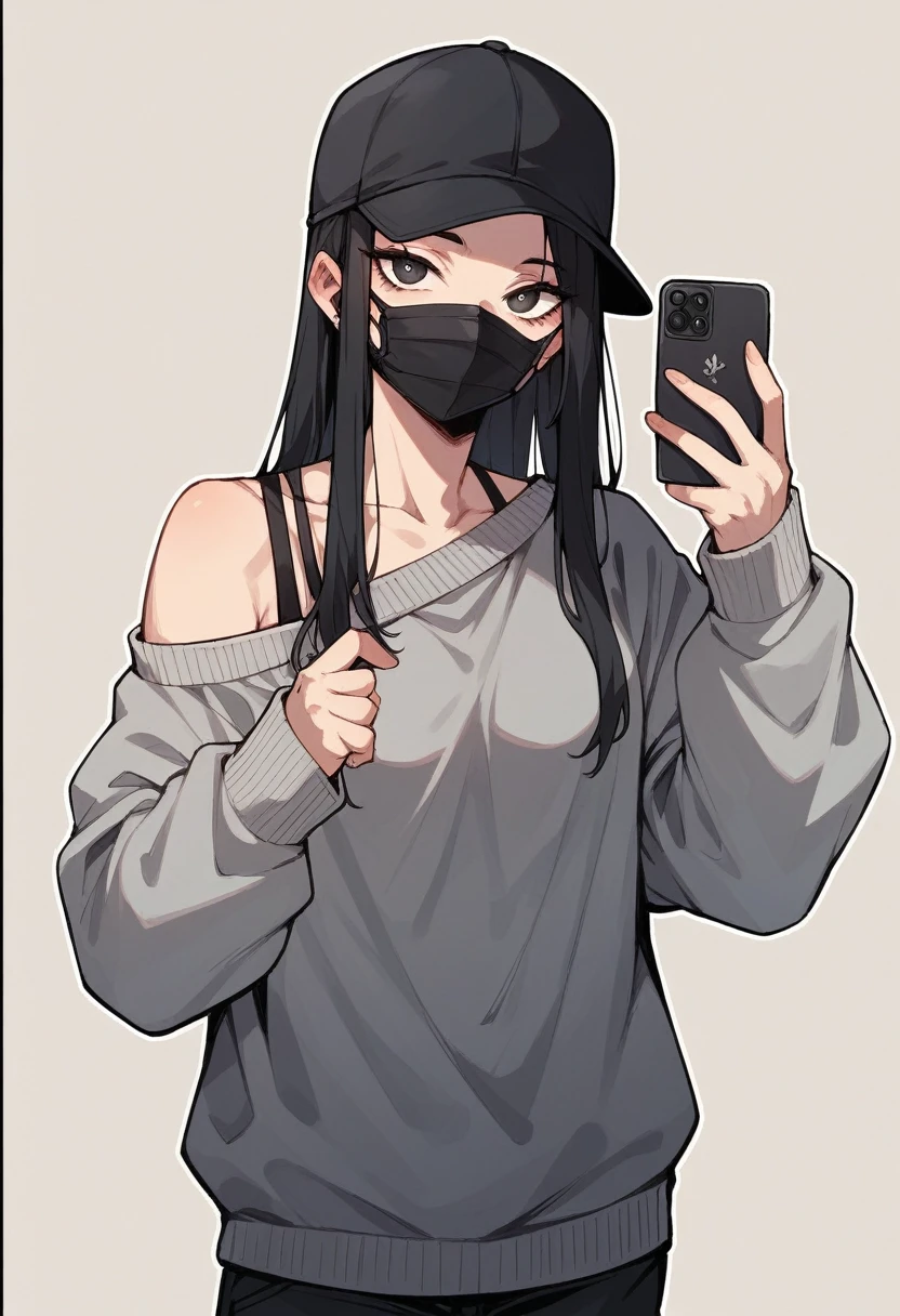 Sexy girl with long black hair taking a selfie in a black mask, a gray sweater and a black cap with a black outline
