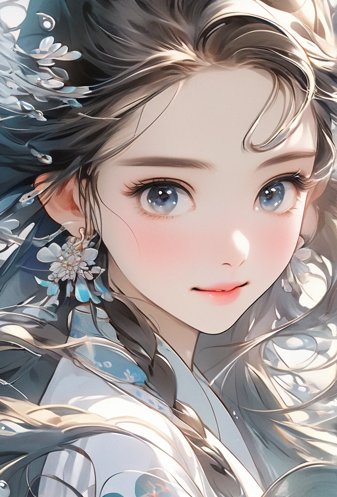 Chinese Girl, Sweet and charming girl, big eyes, illustration, long hair, braid, Fluffy hair, front, Film Angle, Reflective hair, Big watery eyes, Looking at you, Facial details, facial focus, masterpiece, best quality, extremely delicate and beautiful, Dynamic Angle, Intricate details, Beautiful and delicate eyes, Delicate face, Delicate facial features, Gentle lips, real, charming, focus, clear lines, 8k high resolution, nice, Smile, Wearing a white dress, Stylish and beautiful, Depth of Field