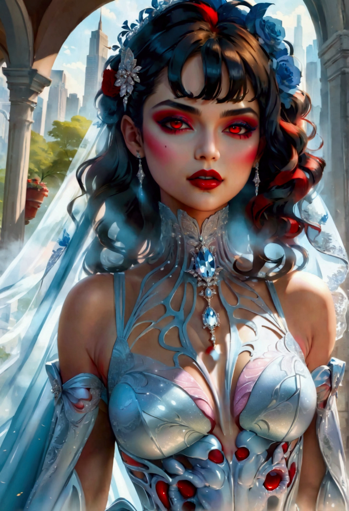 a glamour picture shot, of an elite vampire model, walking on a (dark catwalk: 1.2), an extraordinary glamourous elite female vampire model, ((full body: 1.5)),  ((anatomically correct: 1.5), (ultra detailed face: 1.2), best detailed face, black hair, long hair, lush hair, glam hair cut, red eyes, delicate face, light make up, wearing intricate white detailed dress, glamour dress, haute couture dress, elite fashion dress, white dress, decorated with diamonds,  small cleavage, wearing high heels, elegant high heels, she wears diamond necklace, elite fashion show background, vibrant, Hyperrealism style, vibrant, Ultra-high resolution, High Contrast, (masterpiece:1.5), highest quality, Best aesthetics), best details, best quality, highres, ultra wide angle, 16k, [ultra detailed], masterpiece, best quality, (extremely detailed) RAW, chumbasket art style, rpg portrait, photograph, BloodSoakedAI, vampire teeth