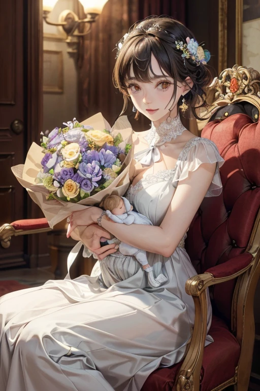 (There is a woman holding a bouquet of baby's breath), With flowers, Wearing a colorful yukata, Wear a rainbow-colored kimono,One cute girl, (masterpiece, Highest quality, Official Art, Very detailed CG ユニティ 8k 壁紙), Very detailed),Shot with Canon EOA6D Mark II, Photo taken with Sony a7r, japanese related,(かすみ草のWith flowers), Eyes on the Flower,((Enoshima Electric Railway)),(On the platform at a station with a view of the sea), In kimono, A gentle gaze,Happy looking mouth,Shot with Canon EOS 5D mark iv, Shot with Canon EOS 5D