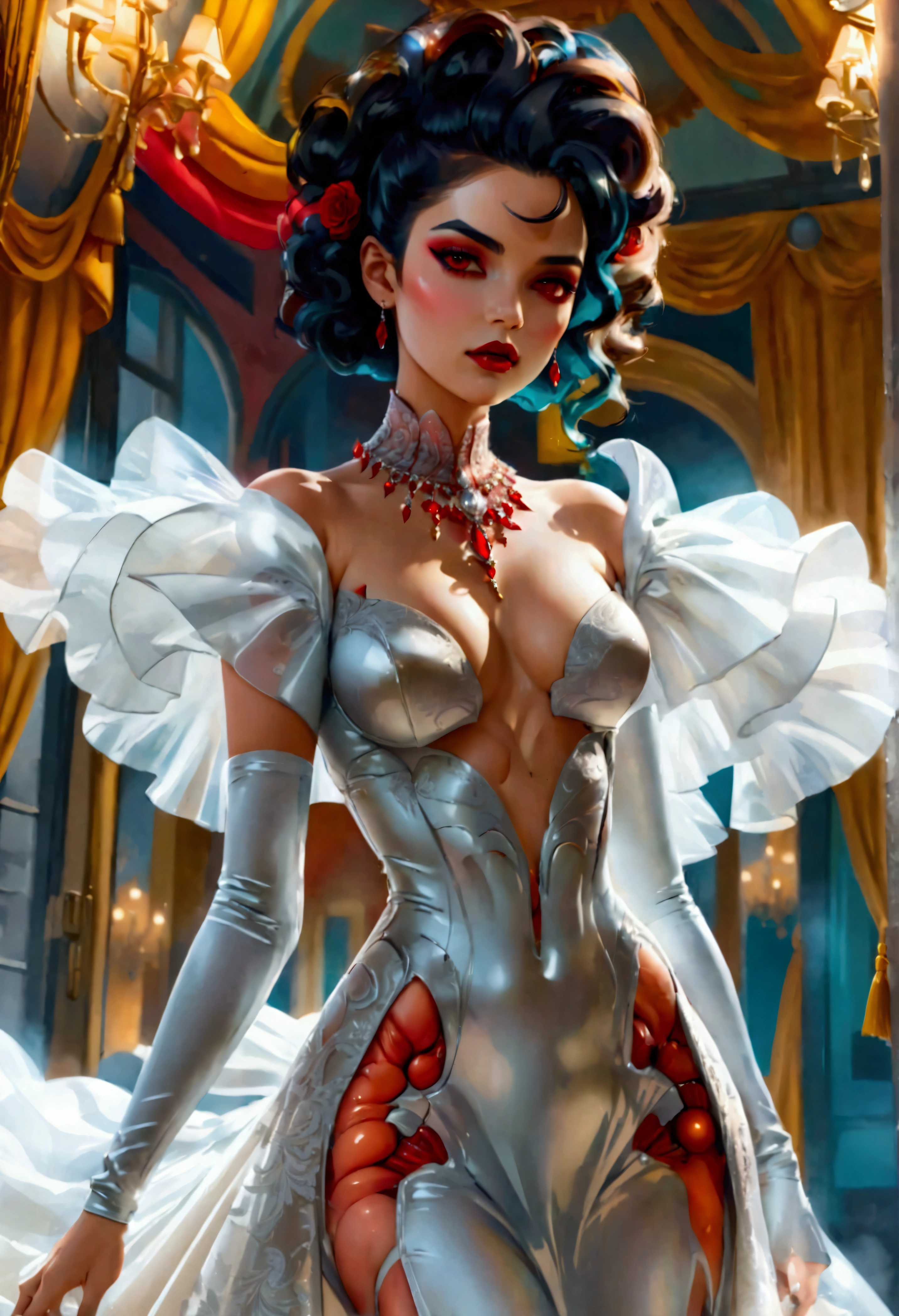 a glamour picture shot, of an elite vampire model, walking on a (dark catwalk: 1.2), an extraordinary glamourous elite female vampire model, ((full body: 1.5)),  ((anatomically correct: 1.5), (ultra detailed face: 1.2), best detailed face, black hair, long hair, lush hair, glam hair cut, red eyes, delicate face, light make up, wearing intricate white detailed dress, glamour dress, haute couture dress, elite fashion dress, white dress, decorated with diamonds,  small cleavage, wearing high heels, elegant high heels, she wears diamond necklace, elite fashion show background, vibrant, Hyperrealism style, vibrant, Ultra-high resolution, High Contrast, (masterpiece:1.5), highest quality, Best aesthetics), best details, best quality, highres, ultra wide angle, 16k, [ultra detailed], masterpiece, best quality, (extremely detailed) RAW, chumbasket art style, rpg portrait, photograph, BloodSoakedAI, vampire teeth