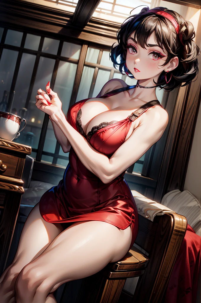 (8K HDR photorealistic pic), Betty Boop, short, althetic, curvy lady, ((tight little red dress)), dark eyebrows, black lipstick, (hoop earrings), dark eyeshadow, black lipstick, curvy, busty, (curly short black hair), shortstack, (retroussé breasts), darling figure, (supple pouting breasts), firm thighs, hourglass figure, kerchief, big brown eyes, dancing seductively