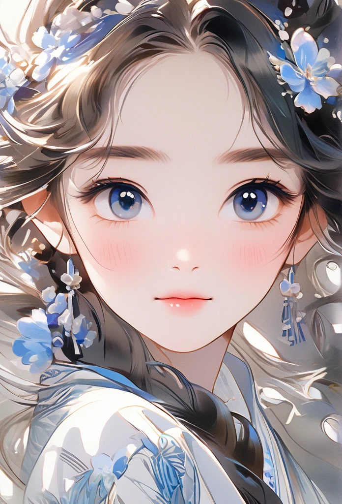 Chinese Girl, Sweet and charming girl, big eyes, illustration, long hair, braid, Fluffy hair, front, Film Angle, Reflective hair, Big watery eyes, Looking at you, Facial details, facial focus, masterpiece, best quality, extremely delicate and beautiful, Dynamic Angle, Intricate details, Beautiful and delicate eyes, Delicate face, Delicate facial features, Gentle lips, real, charming, focus, clear lines, 8k high resolution, nice, Smile, Wearing a white dress, Stylish and beautiful, Depth of Field