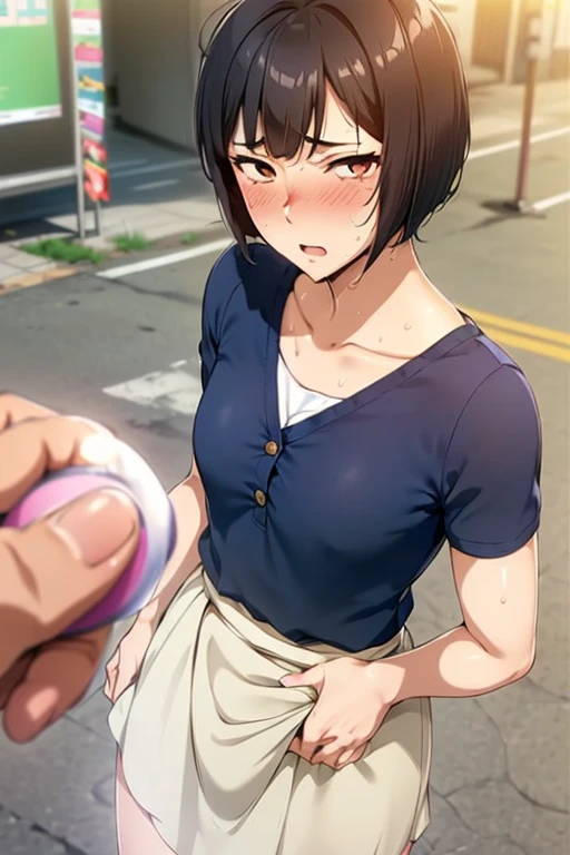 (highest quality:1.2),(perfect beautiful face:1.2),(perfect and beautiful posture:1.2),(Solo,Japanese mature woman standing,((messy short cut hair:1.2), (confused:1.3,embarrassed), shyness:1.1),(flat chest), (Sweaty, sunburned skin:1.3), thick muscles), (one_piece neat white blue camisole,skirt tug), close-up of armpit, mouth open sloppily,Drooling,Looking at viewer,outside,remote_play:1.3,remote_vibrating:1.3,((Hand awe holding the button at the bottom left of the screen))