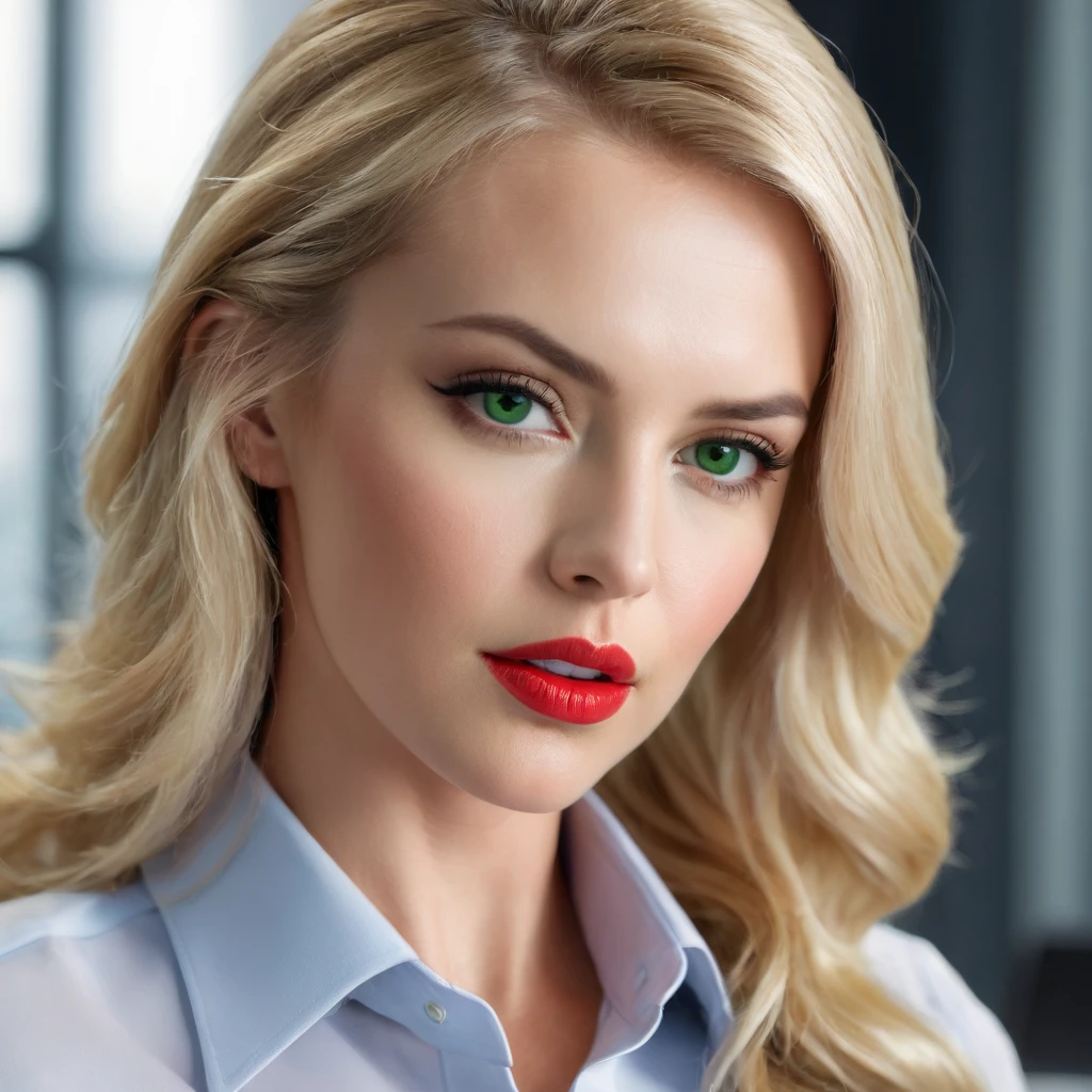 sensual businesswoman, blonde hair, green eyes, red lips, sucking big cock, office setting, photorealistic, (best quality,4k,8k,highres,masterpiece:1.2),ultra-detailed,(realistic,photorealistic,photo-realistic:1.37),cinematic lighting,dramatic composition,warm colors,detailed facial features