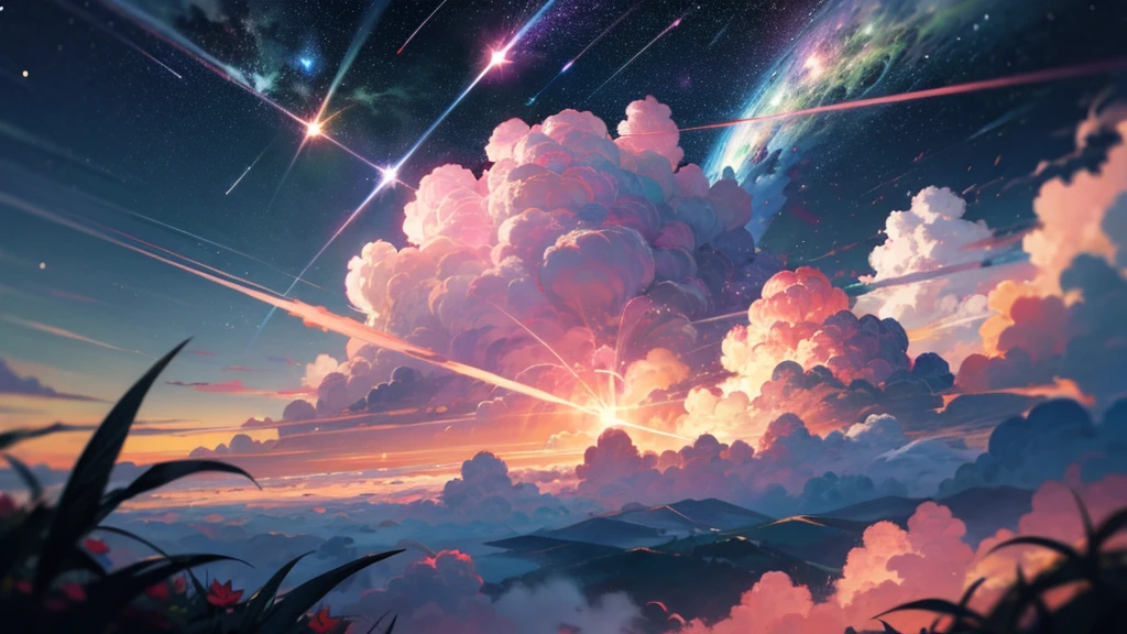 no people, landscape, anime, clouds, cuteness, pink clouds, milky way, milky way in the sky, milky way visible, many stars, green field, ate in flowers, field, many plants, A falling star, a falling star, a meteorite, a falling meteorite, an14