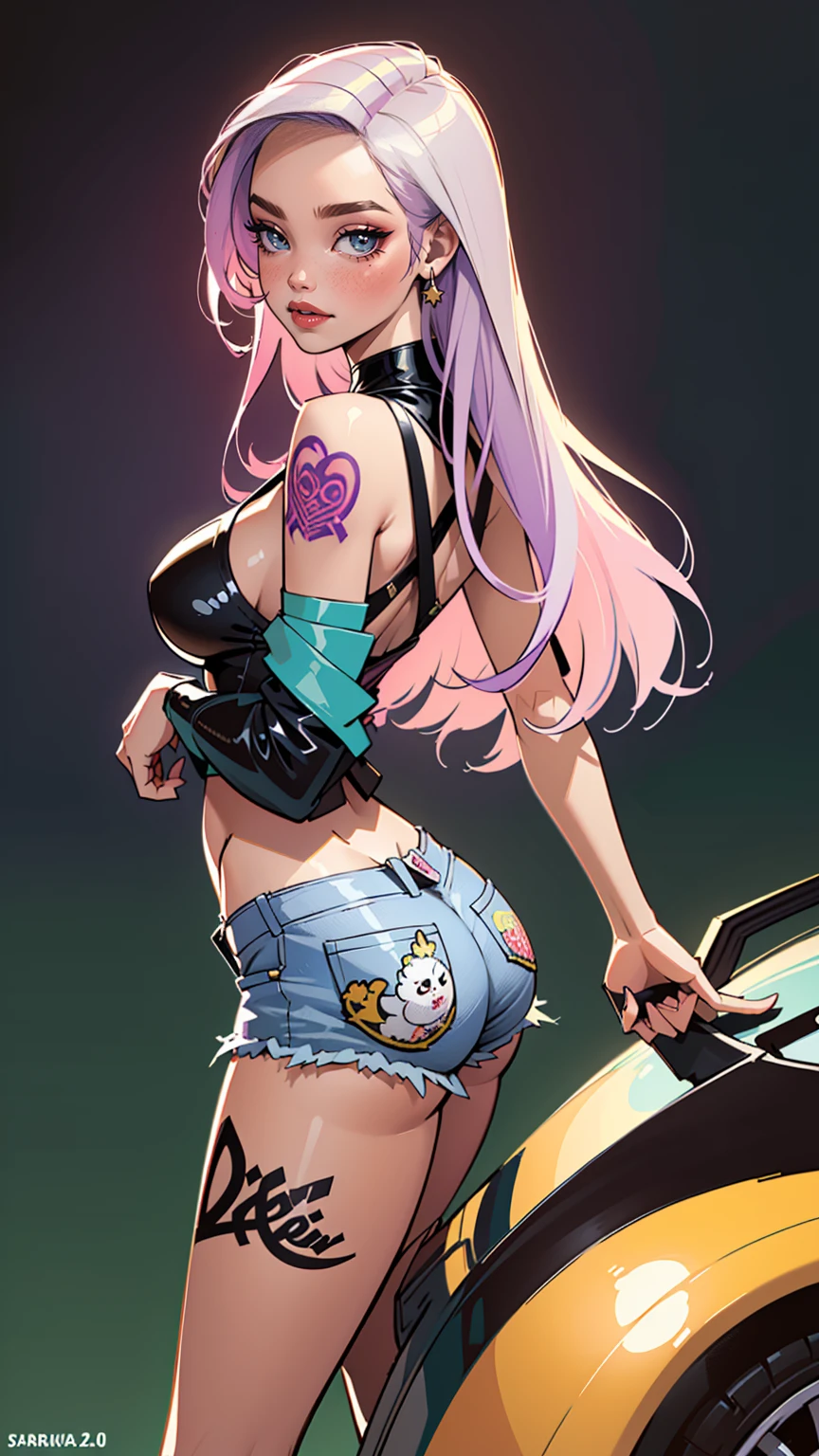 Background, In chic boho style, purple hair, Long Hair, super long hair, from back, Ice cream print, multi-colored neon lights, neon garlands, lavender mint hair, mixed-language_SMS, Japanese graffiti, (beautiful and clear background:1.2),, fantastic paintings ,graffit style, olhos altamente detalhados , Underwear, lace, latex, blonde girl, Cat Print, tattoo, Loving, Love, ultra detailed hair, Masterpiece, Best Quality, hig quality, high-resolution, detail enhancement, ((most beautiful image in the world)), Masterpiece, Best Quality, hig quality, high-resolution, detail enhancement, ((most beautiful image ), Shiny pink degrade hair, ultra short fitted Stampa Flores, Rollers, tights in a mesh, Short denim shorts, art by stjepan sejic, art by j scott campbell, art by guillem march, art by citemer liu, 4k, high-resolution, comic book character, comic, high quality detailed, style of ::2.0 comix illustration style,tatoon style, hig quality, high-resolution, detail enhancement, 8K, HD, Best Quality, hig quality, high-resolution, detail enhancement, 8K, HDR, Sharp focus, Ultra Detailed, Perfect lighting, Curvy Body, Lush breasts, Curvy hips