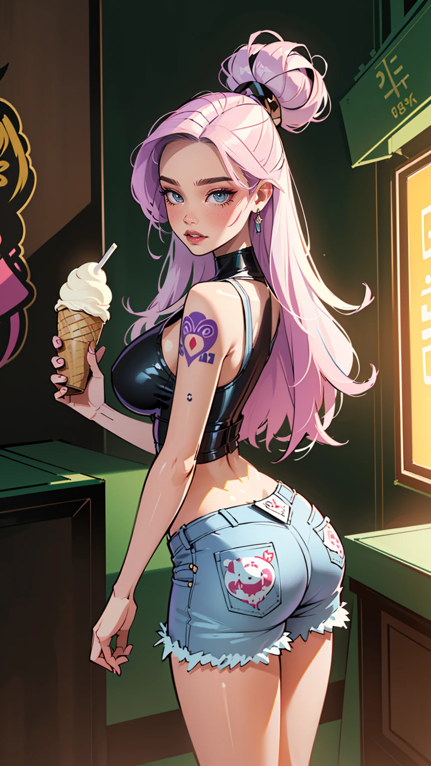 Background, In chic boho style, purple hair, Long Hair, super long hair, from back, Ice cream print, multi-colored neon lights, neon garlands, lavender mint hair, mixed-language_SMS, Japanese graffiti, (beautiful and clear background:1.2),, fantastic paintings ,graffit style, olhos altamente detalhados , Underwear, lace, latex, blonde girl, Cat Print, tattoo, Loving, Love, ultra detailed hair, Masterpiece, Best Quality, hig quality, high-resolution, detail enhancement, ((most beautiful image in the world)), Masterpiece, Best Quality, hig quality, high-resolution, detail enhancement, ((most beautiful image ), Shiny pink degrade hair, ultra short fitted Stampa Flores, Rollers, tights in a mesh, Short denim shorts, art by stjepan sejic, art by j scott campbell, art by guillem march, art by citemer liu, 4k, high-resolution, comic book character, comic, high quality detailed, style of ::2.0 comix illustration style,tatoon style, hig quality, high-resolution, detail enhancement, 8K, HD, Best Quality, hig quality, high-resolution, detail enhancement, 8K, HDR, Sharp focus, Ultra Detailed, Perfect lighting, Curvy Body, Lush breasts, Curvy hips