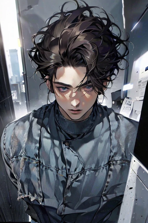 (Best Quality,4k,8k,high resolution,Masterpiece:1.2),ultra detailed,(realist,photorealist,photo-realist:1.37),1 man,31 years,mature man,very handsome,without expresion,muscled body,short gray black hair,Blue eyes,glare,perfect face without mistakes,imposing posture,businessman,office background,cinematic lighting,imagen HDR