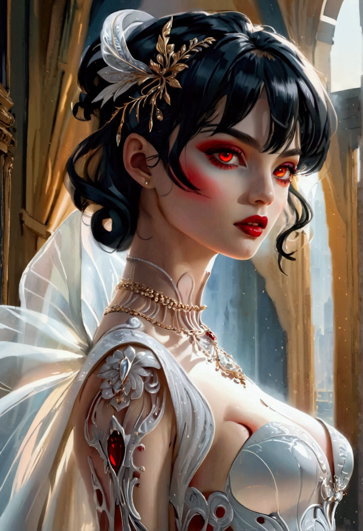 a glamour picture shot, of an elite fashion vampire model, walking on a (dark catwalk: 1.2), an extraordinary glamourous elite female vampire model, ((full body: 1.5)),  ((anatomically correct: 1.5), (ultra detailed face: 1.2), best detailed face, black hair, long hair, lush hair, glam hair cut, red eyes, delicate face, light make up, wearing intricate white detailed dress, glamour dress, haute couture dress, elite fashion dress, white dress, decorated with diamonds,  small cleavage, wearing high heels, elegant high heels, she wears diamond necklace, elite fashion show background, vibrant, Hyperrealism style, vibrant, Ultra-high resolution, High Contrast, (masterpiece:1.5), highest quality, Best aesthetics), best details, best quality, highres, ultra wide angle, 16k, [ultra detailed], masterpiece, best quality, (extremely detailed) RAW, chumbasket art style, rpg portrait, photograph, BloodSoakedAI, vampire teeth