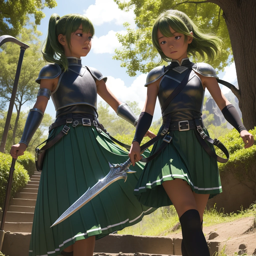 最high quality、high quality、10 years old、Girl Adventurer、Climb the maze stairs、Leather Armor、Long skirt、Equipped with a dagger and a shield、Green Hair