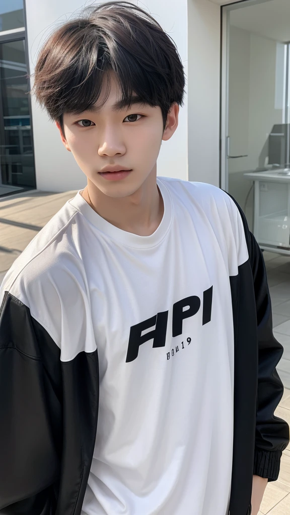 19years old korean, naughty man, pale skin, gorgeous face, is wearing a black jacket with a white t-shirt underneath, super realistic image.