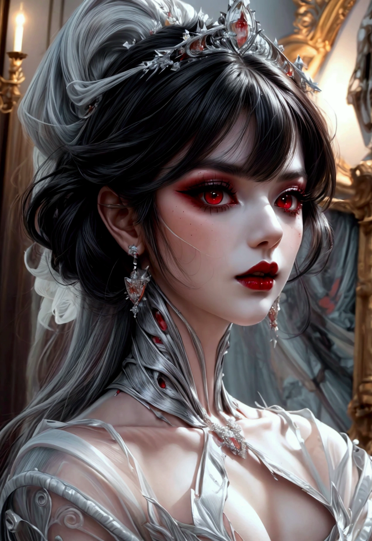 a glamour picture shot, of an elite vampire model, walking on a (dark catwalk: 1.2), an extraordinary glamourous elite female vampire model, ((full body: 1.5)),  ((anatomically correct: 1.5), (ultra detailed face: 1.2), best detailed face, black hair, long hair, lush hair, glam hair cut, red eyes, delicate face, light make up, wearing intricate white detailed dress, glamour dress, haute couture dress, elite fashion dress, white dress, decorated with diamonds,  small cleavage, wearing high heels, elegant high heels, she wears diamond necklace, elite fashion show background, vibrant, Hyperrealism style, vibrant, Ultra-high resolution, High Contrast, (masterpiece:1.5), highest quality, Best aesthetics), best details, best quality, highres, ultra wide angle, 16k, [ultra detailed], masterpiece, best quality, (extremely detailed) RAW, realistic, wearing d2c, wearing d2d, model715, demonic
veins