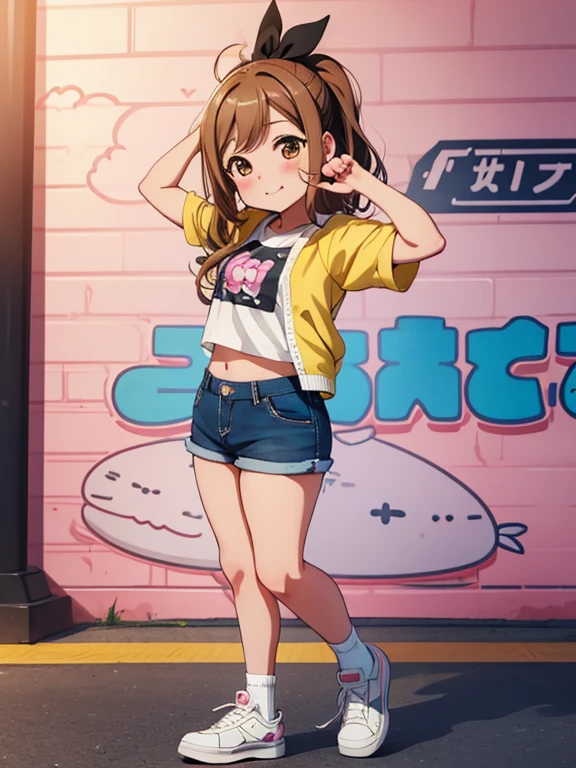 masterpiece, best quality, solo,chibi,kunikida hanamaru, blushing ,microphone , shirt that says maru, ecchi anime style,shorts, thighs, shoes , midriff, funky wall