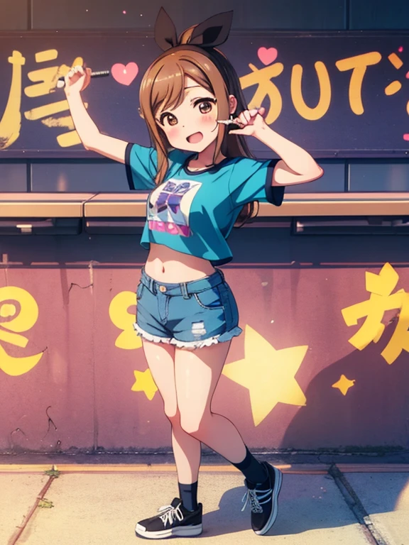 masterpiece, best quality, solo,chibi,kunikida hanamaru, blushing ,microphone , shirt that says maru, ecchi anime style,shorts, thighs, shoes , midriff, funky wall