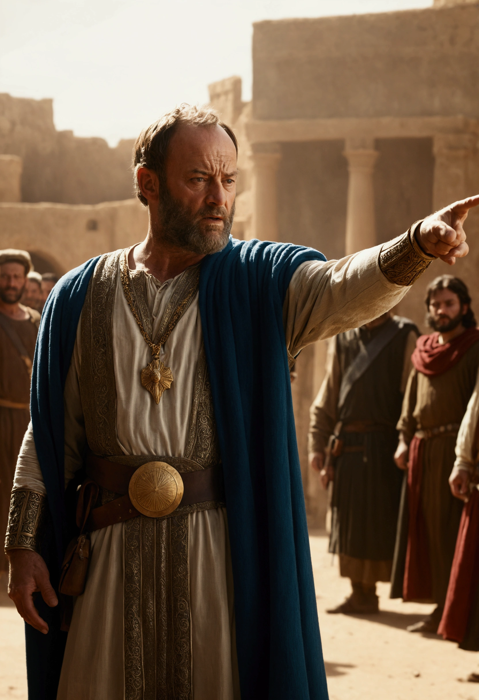King Saul pointing his finger and people in the background, cinematic image