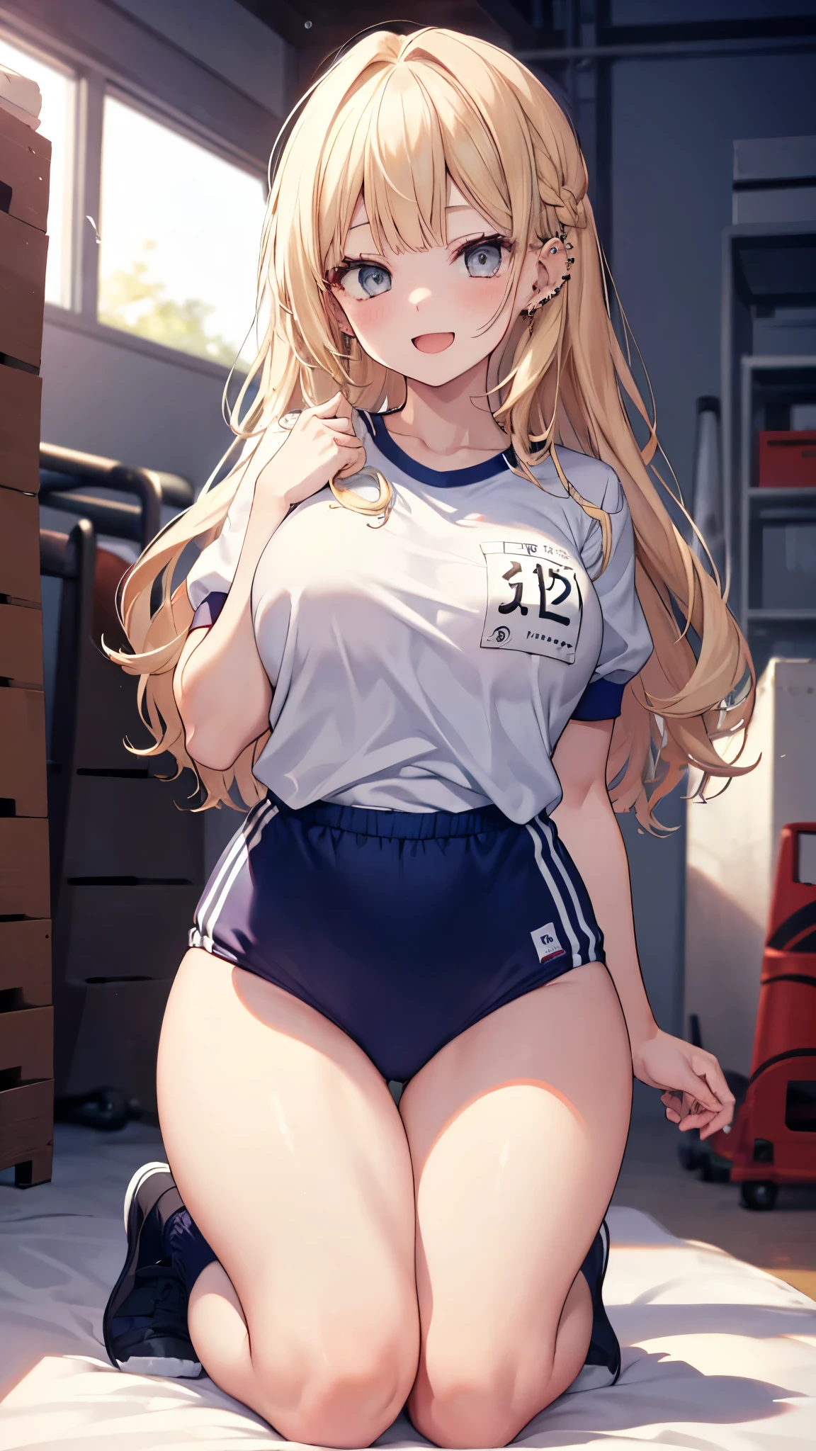 (masterpiece、Highest quality、Very detailed))、One girl、gyaru、Blonde、Long Hair、Wavy Hair、Grey Eyes、evil smile、((open mouth))、((lots of piercing))、((Large Breasts))、((gym uniform))、Short sleeve、((Thick waist))、thighs、kneeling、Gym storeroom