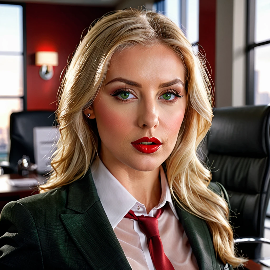 sensual businesswoman, blonde hair, green eyes, red lips, sucking big cock, office setting, photorealistic, cinematic lighting,dramatic composition,warm colors,detailed facial features