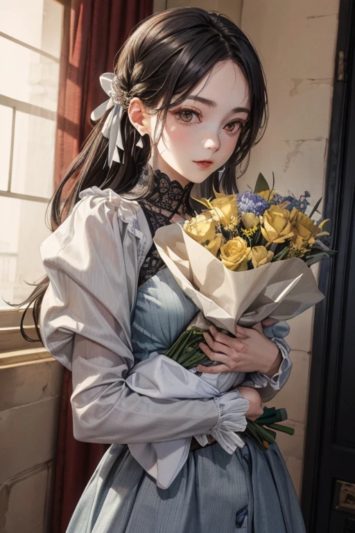 There is a woman holding a bouquet of baby&#39;s breath, With flowers, Wearing a colorful yukata, Wear a rainbow-colored kimono,One cute girl, Train platform with ocean view,(Enoshima Electric Railway),((Shichirigahama Station)),(masterpiece, Highest quality, Official Art, Very detailed CG ユニティ 8k 壁紙), Very detailed),Shot with Canon EOA6D Mark II, Photo taken with Sony a7r, japanese related,(かすみ草のWith flowers), Eyes on the Flower,In kimono, A gentle gaze,Happy looking mouth,Shot with Canon EOS 5D mark iv, Shot with Canon EOS 5D