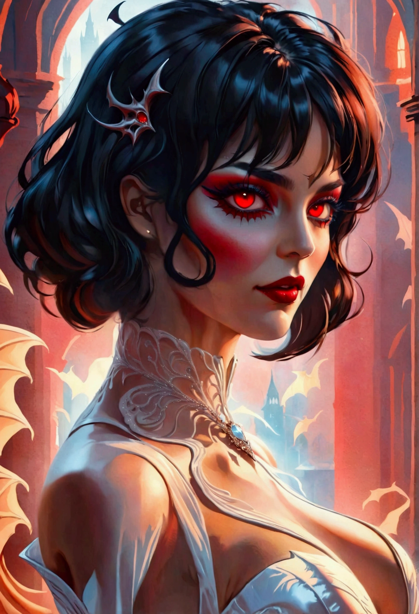 a glamour picture shot,  ((full body: 1.5) of an elite vampire model, walking on a (dark catwalk: 1.2), an extraordinary glamourous elite female vampire model, ((full body: 1.5)),  ((anatomically correct: 1.5), (ultra detailed face: 1.2), best detailed face, black hair, long hair, lush hair, glam hair cut, red eyes, delicate face, light make up, wearing intricate white detailed dress, glamour dress, haute couture dress, elite fashion dress, white dress, decorated with diamonds,  small cleavage, wearing high heels, elegant high heels, she wears diamond necklace, elite fashion show background, vibrant, Hyperrealism style, vibrant, Ultra-high resolution, High Contrast, (masterpiece:1.5), highest quality, Best aesthetics), best details, best quality, highres, ultra wide angle, 16k, [ultra detailed], masterpiece, best quality, (extremely detailed) RAW, chumbasket art style, rpg portrait, photograph, BloodSoakedAI, vampire teeth
