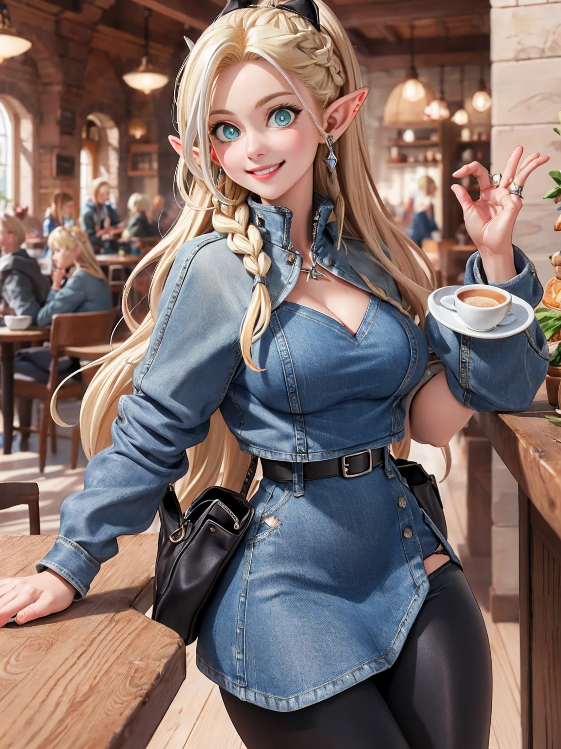 (masterpiece, best quality) detailed, dmarci, 1girl, solo, black leggings, silver accessories, denim jacket, blonde, elegant, pointed ears, casual posture, smiling, (large breasts), looking at viewer, cafe, 