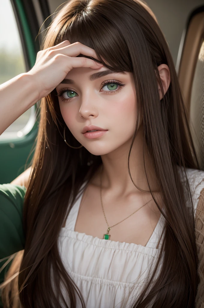 Brunette with green eyes taking a photo in the chopim with her friends