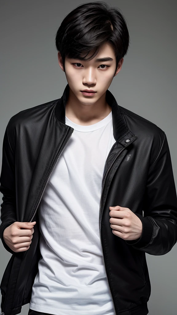 19years old korean, naughty man, pale skin, gorgeous face, is wearing a black jacket with a white t-shirt underneath, super realistic image.