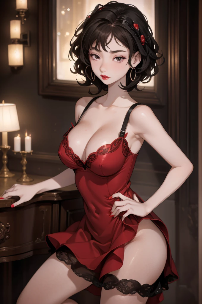(8K HDR photorealistic pic), Betty Boop, short, althetic, curvy lady, ((tight little red dress)), dark eyebrows, black lipstick, (hoop earrings), dark eyeshadow, black lipstick, curvy, busty, (curly short black hair), shortstack, (retroussé breasts), darling figure, (supple pouting breasts), firm thighs, hourglass figure, kerchief, big brown eyes, dancing seductively