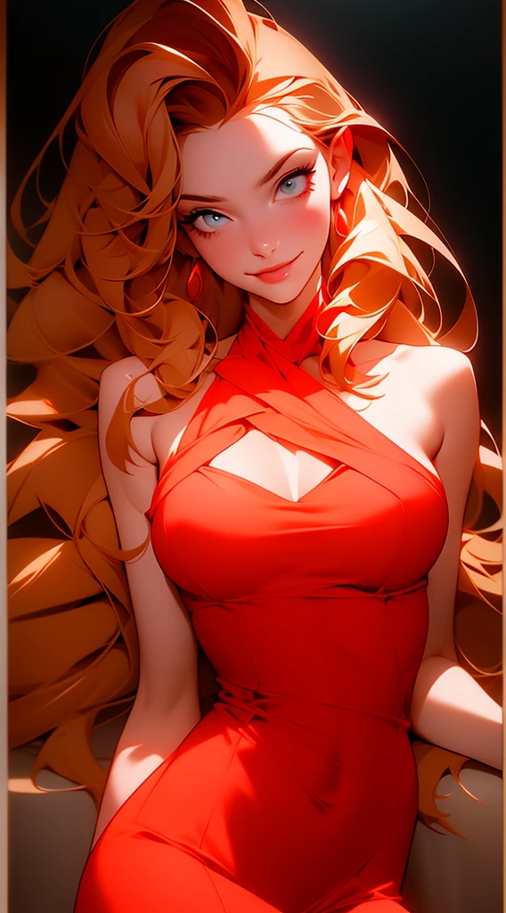 best quality, expressive eyes, Perfect face, Upper body portrait of young model in bar. She wears a delicate red dress,Exquisite fabric. Average height, Long curly blonde hair, Fair and delicate skin, green eyes with brown spots, Oval face, An unforgettable smile, sweet bright smile, corners of mouth raised. Perfect, ish, Complex, extremely detailed, lower style, Vray tracking, area lighting, high dynamic range, 32K