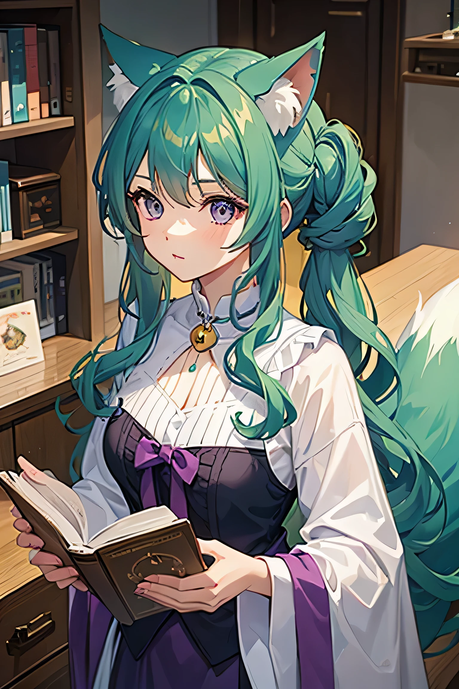 A girl with sea green curly heair, purple eyes, feline ears, three fox tails, in , reading a book