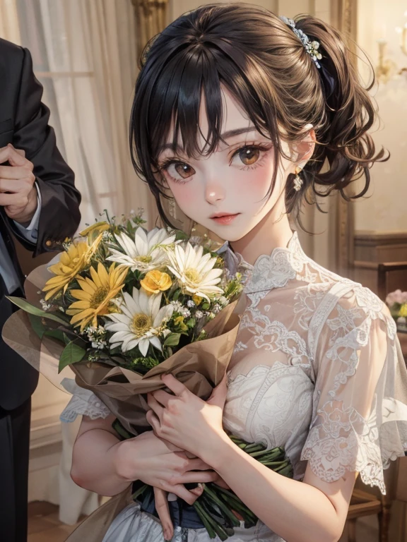 Holding a bouquet of baby&#39;s breath, With flowers, Wearing a colorful yukata, Wear a rainbow-colored kimono,One cute girl, Train platform with ocean view,(Enoshima Electric Railway),((Shichirigahama Station)),(masterpiece, Highest quality, Official Art, Very detailed CG ユニティ 8k 壁紙), Very detailed),Shot with Canon EOA6D Mark II, Photo taken with Sony a7r, japanese related,(かすみ草のWith flowers), Eyes on the Flower,In kimono, A gentle gaze,Happy looking mouth,Shot with Canon EOS 5D mark iv, Shot with Canon EOS 5D