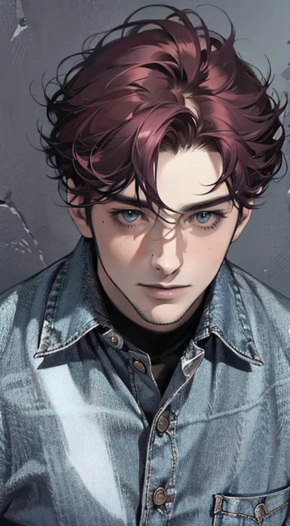(best quality,4k,8k,highres,masterpiece:1.2),ultra-detailed,(realistic,photorealistic,photo-realistic:1.37),1 man,31 years old,mature man,very handsome,without expression,smile,short purple hair,blue eyes,penetrating gaze,perfect face without errors,imposing posture,businessman,office background,cinematic lighting,hdr image