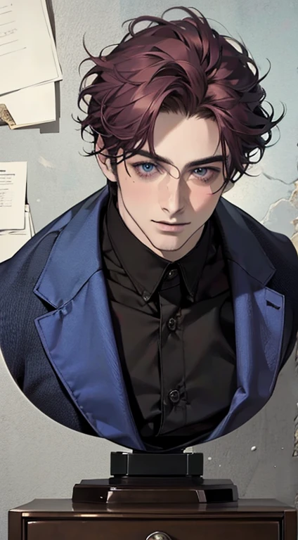 (best quality,4k,8k,highres,masterpiece:1.2),ultra-detailed,(realistic,photorealistic,photo-realistic:1.37),1 man,31 years old,mature man,very handsome,without expression,smile,short purple hair,blue eyes,penetrating gaze,perfect face without errors,imposing posture,businessman,office background,cinematic lighting,hdr image