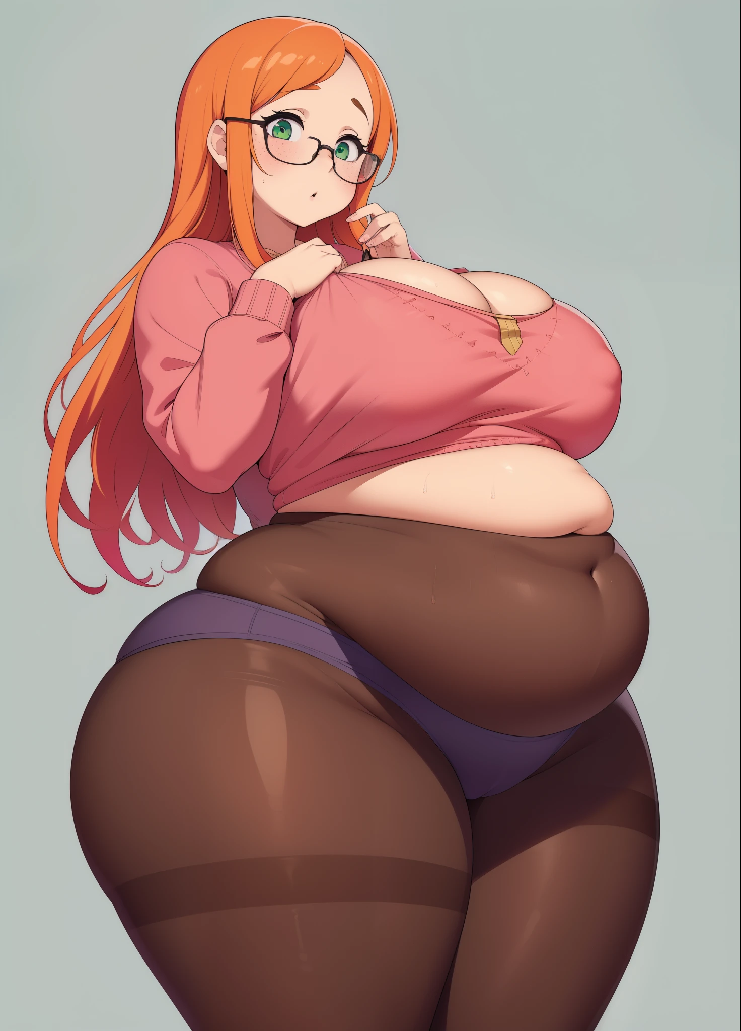 ((highres)), Masterpiece, high quality, best quality, beautiful, perfect lighting, detailed face, ultra cute face, (((1girl))), ((solo)), blush, embarrassed, orange hair, green eyes, freckles, glasses, pink blouse, panty hose, panties visible though panty hose, fast food restaurant, cleavage, large breasts, ((wide hips)), ((thick thighs)), ((plump)), chubby belly, fat folds, belly hang, standing