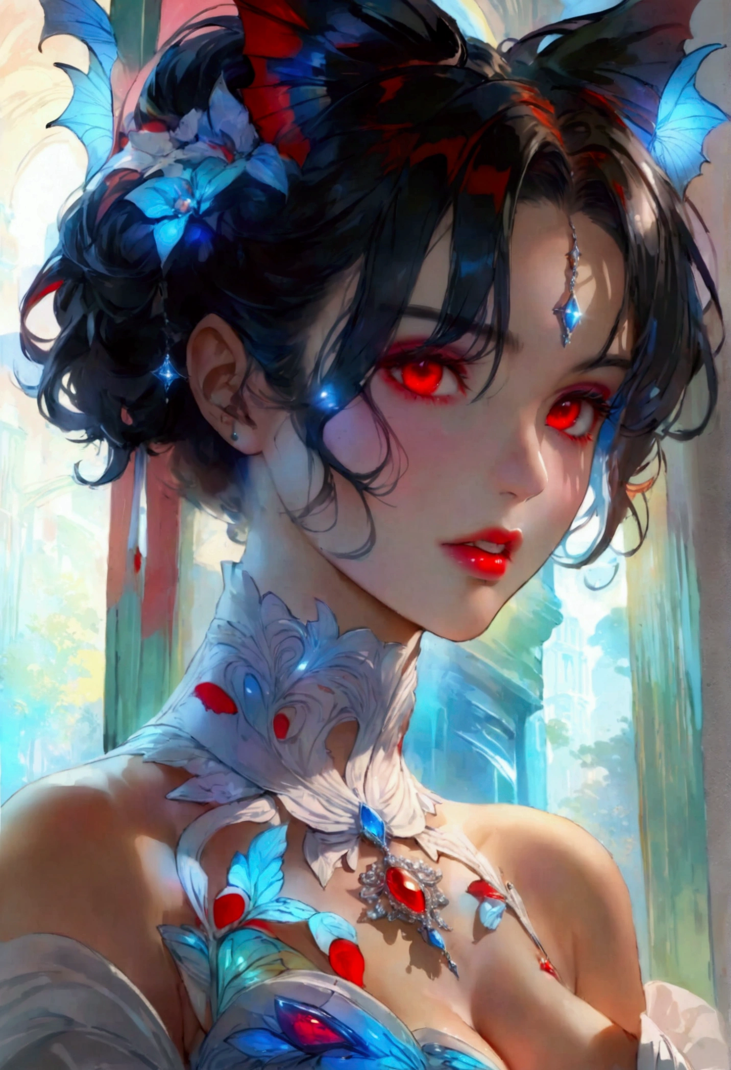 absurdres, 1girl,medium breast, star eye, blush, (realistic:1.5), (masterpiece, Extremely detailed CG unity 8k wallpaper, best quality, highres:1.2), (ultra_detailed, UHD:1.2), (pixiv:1.3), perfect illumination, distinct, (1girl:1.4), (bishoujo:1.2), looking at viewer, unreal engine, sidelighting, perfect face, detailed face, bangs, perfect body, beautiful eyes, pretty face, (bright skin:1.4), idol, (abs), ulzzang-6500-v1.1, (navel), ruins, dark place, night, dark aura, close-up, selfie, (blood on face:1.4), (evil smile:1.1)
