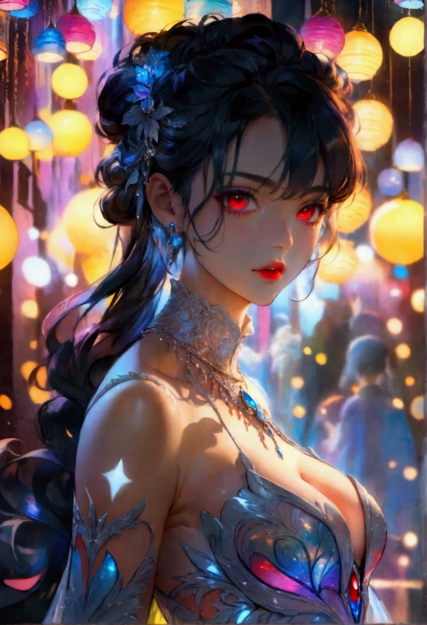 a glamour picture shot, of an elite vampire model, walking on a (dark catwalk: 1.2), an extraordinary glamourous elite female vampire model, ((full body: 1.5)),  ((anatomically correct: 1.5), (ultra detailed face: 1.2), best detailed face, black hair, long hair, lush hair, glam hair cut, red eyes, delicate face, light make up, wearing intricate blue detailed dress, glamour dress, haute couture dress, elite fashion dress, white dress, decorated with diamonds,  small cleavage, wearing high heels, elegant high heels, she wears diamond necklace, elite fashion show background, vibrant, Hyperrealism style, vibrant, Ultra-high resolution, High Contrast, (masterpiece:1.5), highest quality, Best aesthetics), best details, best quality, highres, ultra wide angle, 16k, [ultra detailed], masterpiece, best quality, (extremely detailed) RAW, chumbasket art style, rpg portrait, photograph, BloodSoakedAI, vampire teeth