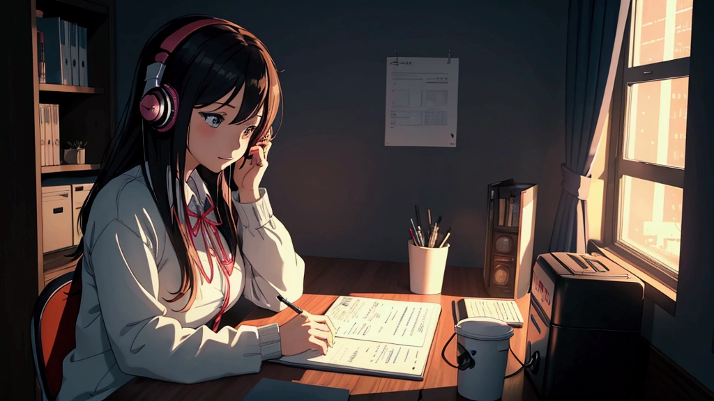 a woman sitting at a desk with headphones typing, cute girl, studying in the bedroom, 8K anime art wallpaper