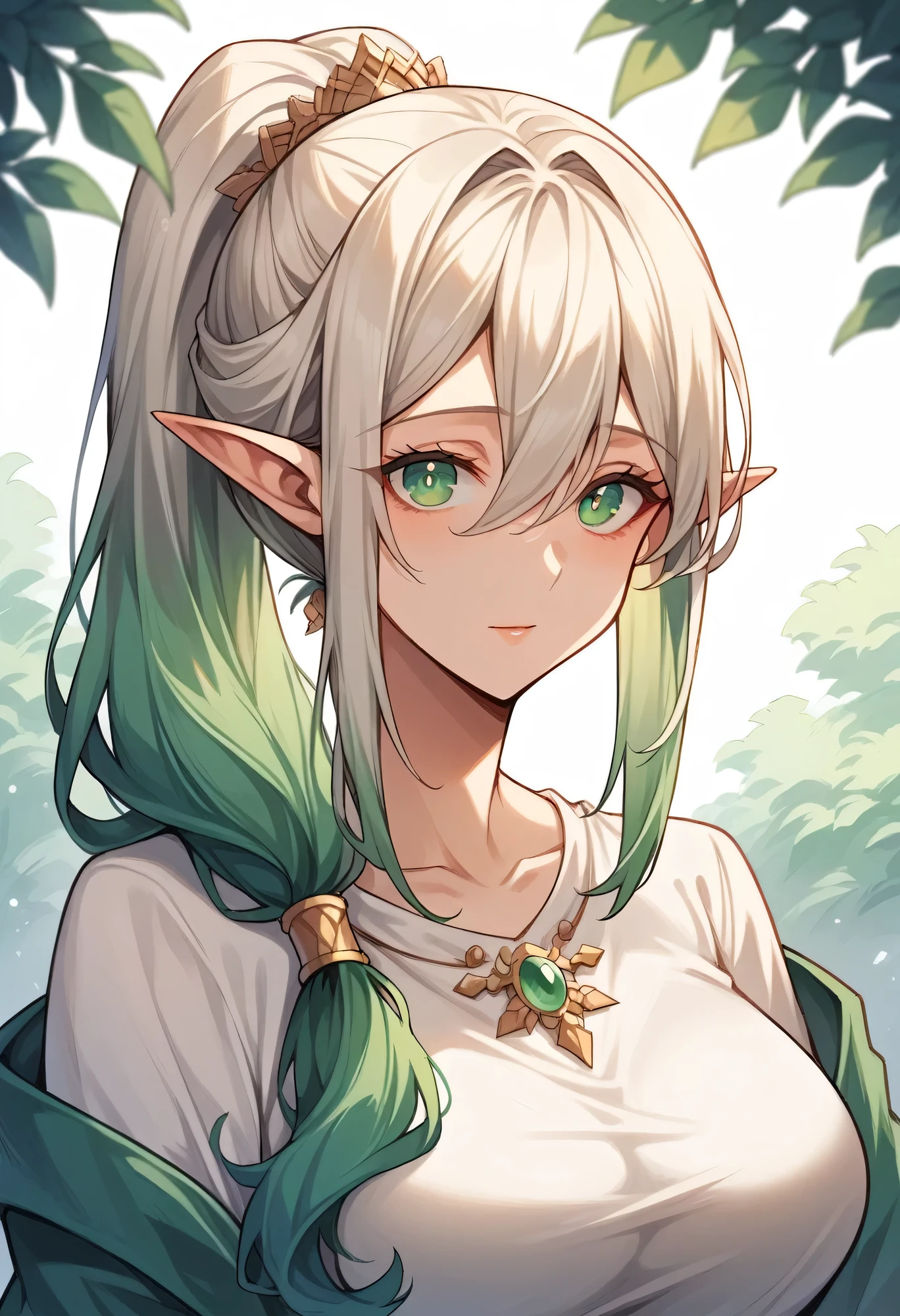 (masterpiece), 1girl, solo, best quality, expressive eyes, perfect face, medium breasts, mature, milf, motherly, hair_between_eyes, pointy_ears, hair_intakes, sidelocks, long_hair, side_ponytail, white_hair, pupils, green_hair, gradient_hair, green_eyes, forest background