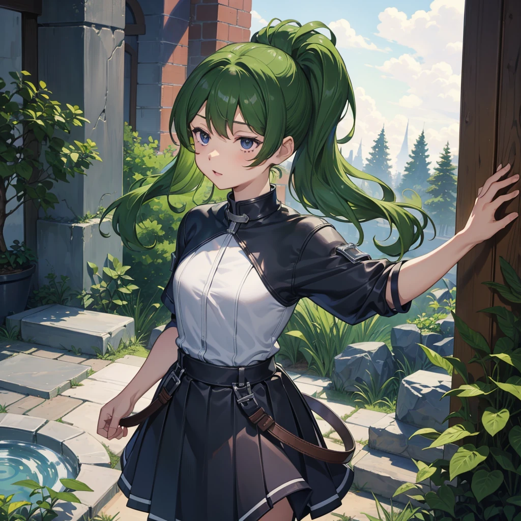 最high quality、high quality、10 years old、Girl Adventurer、Climb the maze stairs、Leather Armor、Long skirt、Equipped with a dagger and a shield、Green Hair、ponytail