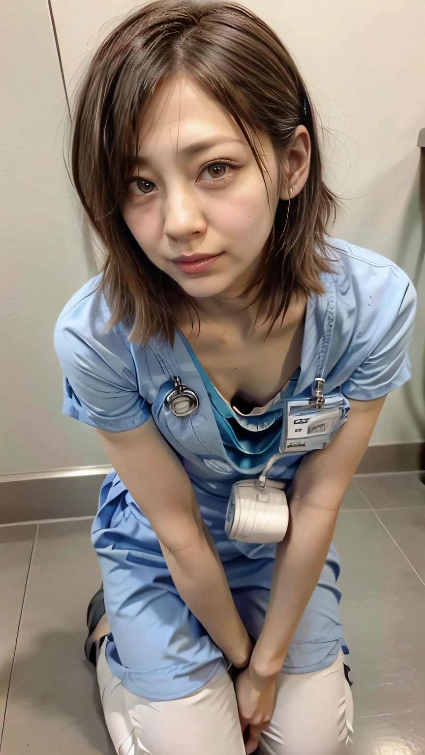 A nurse woman leaning forward to peer at a patient in a hospital、(Realistic、Like a photograph、Live Action、Realistic, RAW Photos, Best image quality: 1.4), Single-lens reflex camera、RAW Photos, Highest quality, Realistic, Very detailed CG Unity 8K wallpaper, Written boundary depth, Cinematic Light, Lens flare, Ray Tracing, Realistic background、hospital:1.4、(nurse:1.4、(Medical scrub:1.5)、Breast flash、Cleavage)、((ultra high density skin))、 woman,Cute Japanese Nurse、((Leaning forward、Kneel、((whole body:1.5))、Inspection:1.1、Serious expression))、short hair:1.2、tie your hair with a hair clip、I like that style、stylish、Very detailed、Pay attention to the details、Perfect outfit、(White skin)、Front view、Anatomically correct body、Accurate fingering、Accurate Arm、Accurate feet、Super detailed face