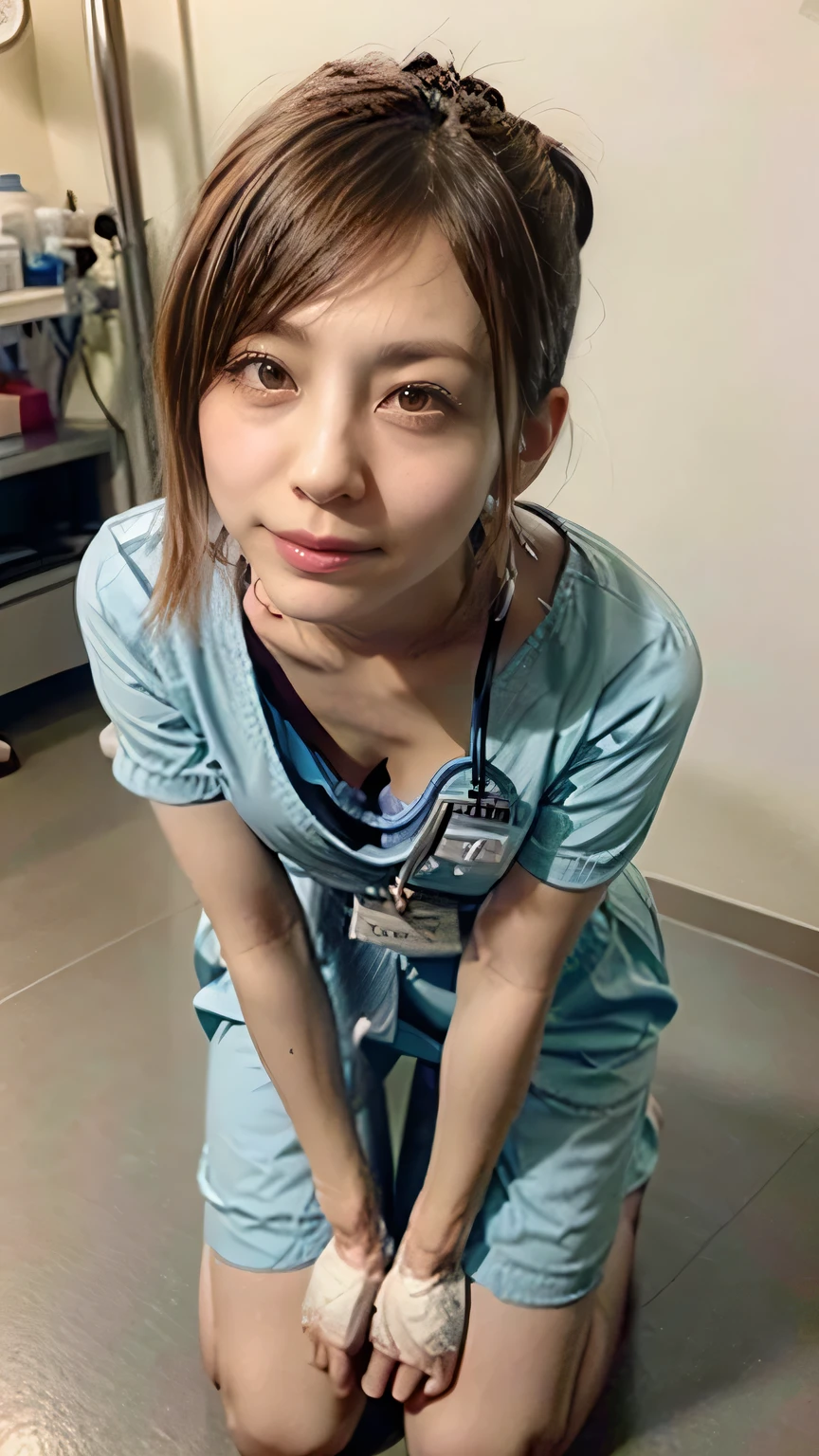 A nurse woman leaning forward to peer at a patient in a hospital、(Realistic、Like a photograph、Live Action、Realistic, RAW Photos, Best image quality: 1.4), Single-lens reflex camera、RAW Photos, Highest quality, Realistic, Very detailed CG Unity 8K wallpaper, Written boundary depth, Cinematic Light, Lens flare, Ray Tracing, Realistic background、hospital:1.4、(nurse:1.4、(Medical scrub:1.5)、Breast flash、Cleavage)、((ultra high density skin))、 woman,Cute Japanese Nurse、((Leaning forward、Kneel、((whole body:1.5))、Inspection:1.1、Serious expression))、short hair:1.2、tie your hair with a hair clip、I like that style、stylish、Very detailed、Pay attention to the details、Perfect outfit、(White skin)、Front view、Anatomically correct body、Accurate fingering、Accurate Arm、Accurate feet、Super detailed face