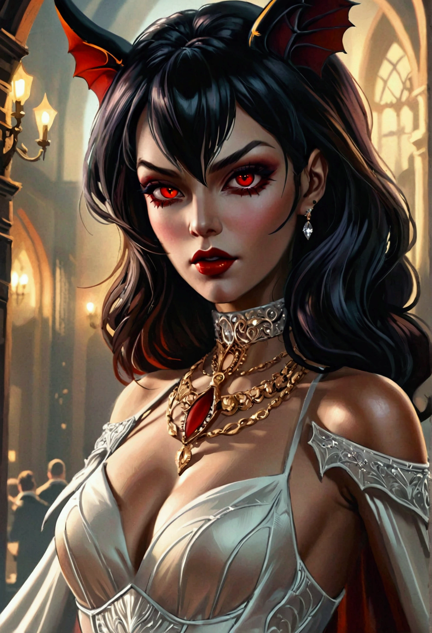 a glamour picture shot,  ((full body: 1.5) of an elite vampire model, walking on a (dark catwalk: 1.2), an extraordinary glamourous elite female vampire model, ((full body: 1.5)),  ((anatomically correct: 1.5), (ultra detailed face: 1.2), best detailed face, black hair, long hair, lush hair, glam hair cut, red eyes, delicate face, light make up, wearing intricate white detailed dress, glamour dress, haute couture dress, elite fashion dress, white dress, decorated with diamonds,  small cleavage, wearing high heels, elegant high heels, she wears diamond necklace, elite fashion show background, vibrant, Hyperrealism style, vibrant, Ultra-high resolution, High Contrast, (masterpiece:1.5), highest quality, Best aesthetics), best details, best quality, highres, ultra wide angle, 16k, [ultra detailed], masterpiece, best quality, (extremely detailed) RAW, chumbasket art style, rpg portrait, photograph, BloodSoakedAI, vampire teeth