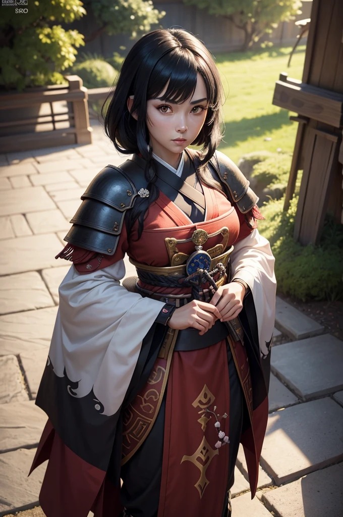 Fantasy RPG character, 26-year-old woman, samurai, sword, Japanese clothing,black hair, ((anime)), ((best qualtiy, 8K, tmasterpiece:1.3)), Focus:1.2, perfect figure beautiful woman:1.4, 1woman, cowboy shot, look at viewer, eyes facing the camera, incredibly absurd, beautiful and cute woman, showcasing top-quality craftsmanship, cute, neat