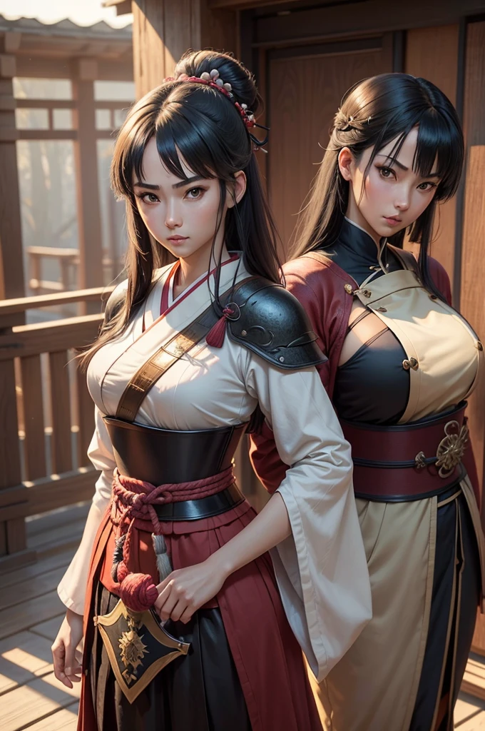 Fantasy RPG character, 26-year-old woman, samurai, sword, Japanese clothing,black hair, ((anime)), ((best qualtiy, 8K, tmasterpiece:1.3)), Focus:1.2, perfect figure beautiful woman:1.4, 1woman, cowboy shot, look at viewer, eyes facing the camera, incredibly absurd, beautiful and cute woman, showcasing top-quality craftsmanship, cute, neat