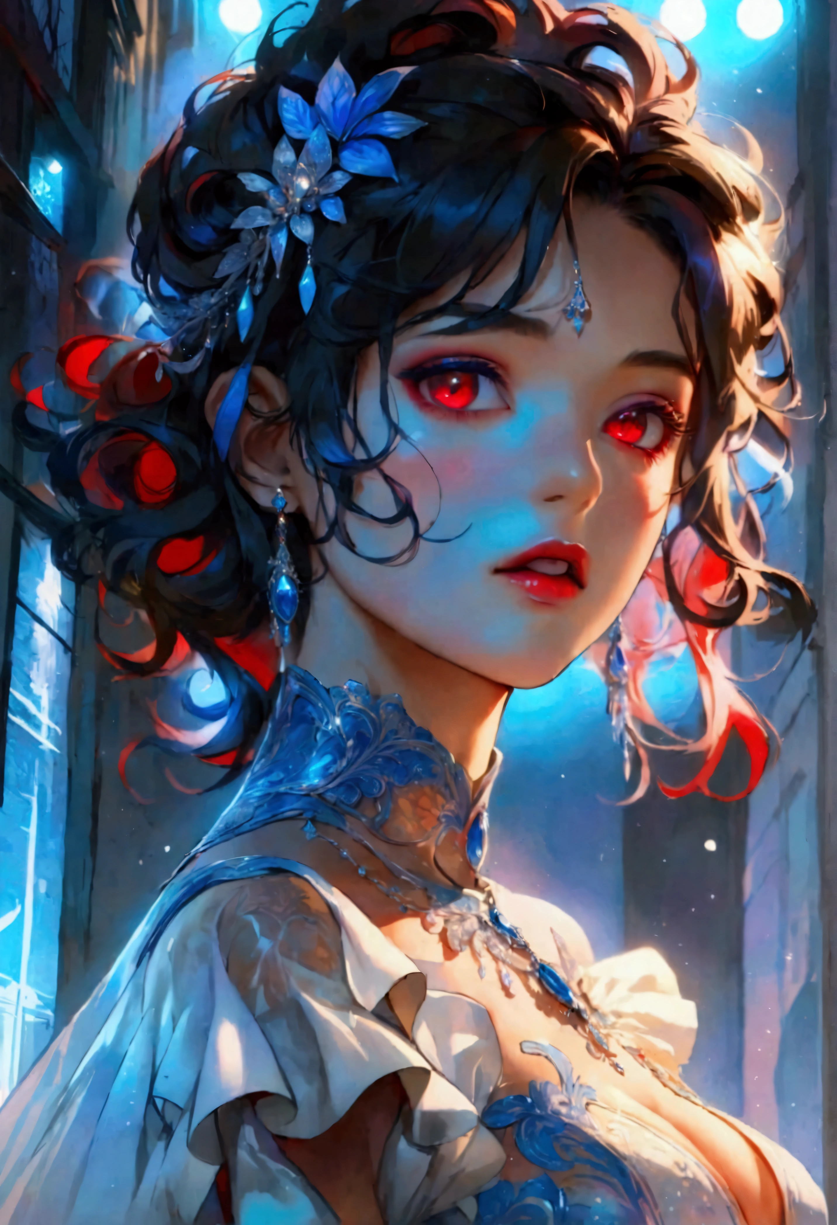 a glamour picture shot, of an elite vampire model, walking on a (dark catwalk: 1.2), an extraordinary glamourous elite female vampire model, ((full body: 1.5)),  ((anatomically correct: 1.5), (ultra detailed face: 1.2), best detailed face, black hair, long hair, lush hair, glam hair cut, red eyes, delicate face, light make up, wearing intricate blue detailed dress, glamour dress, haute couture dress, elite fashion dress, white dress, decorated with diamonds,  small cleavage, wearing high heels, elegant high heels, she wears diamond necklace, elite fashion show background, vibrant, Hyperrealism style, vibrant, Ultra-high resolution, High Contrast, (masterpiece:1.5), highest quality, Best aesthetics), best details, best quality, highres, ultra wide angle, 16k, [ultra detailed], masterpiece, best quality, (extremely detailed) RAW, chumbasket art style, rpg portrait, photograph, BloodSoakedAI, vampire teeth